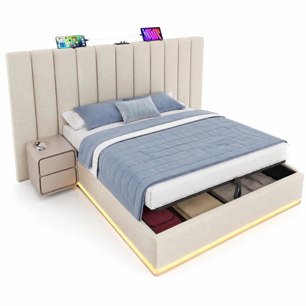 Letto matrimoniale 160x200 cm con contenitore; LED 360掳; ricarica USB e Type-C; lino beige