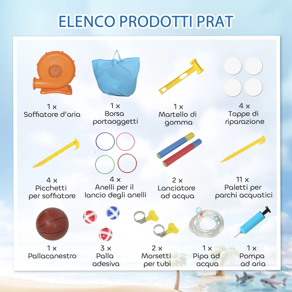 Gonfiabile Tema Squali per Bambini 405x345x235 cm con Scivolo Piscina Acqua-Palline in Tessuto Oxford 840D+420D