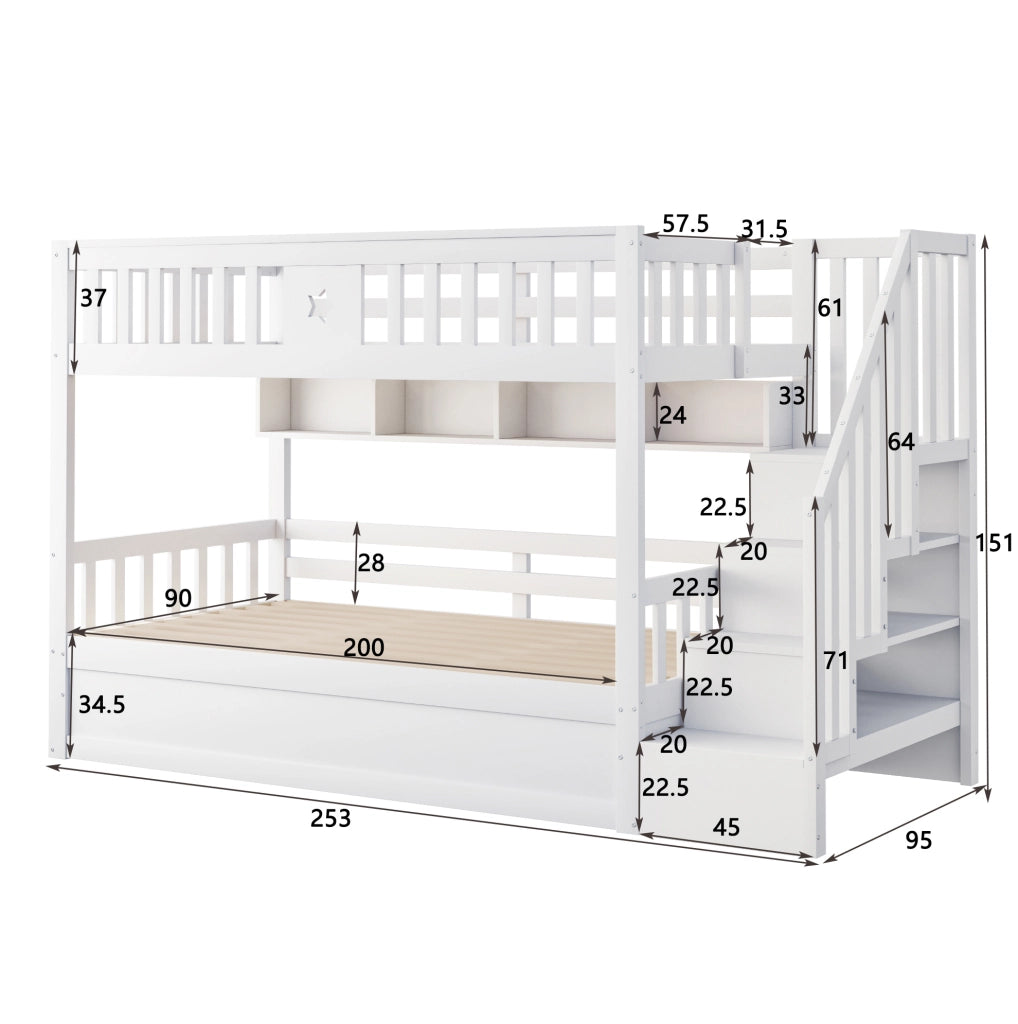 Letto a castello 90x200 cm con letto idraulico e scala bianco