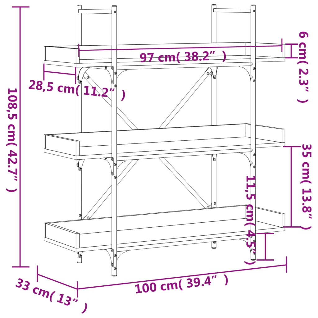 Libreria 3 Ripiani-Scaffale per Libri-Mobile di Stoccaggio Rovere Marrone 100x33x108,5 Legno Multistrato