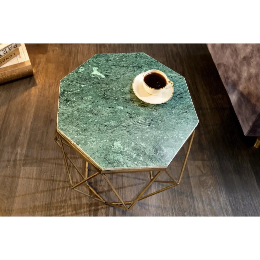 Tavolino basso NEXORA 50 cm in marmo verde e metallo dorato design geometrico