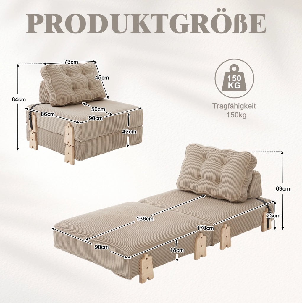 POLTRONA Letto Pieghevole 90x170 cm Velluto a Coste Cachi Legno Massello