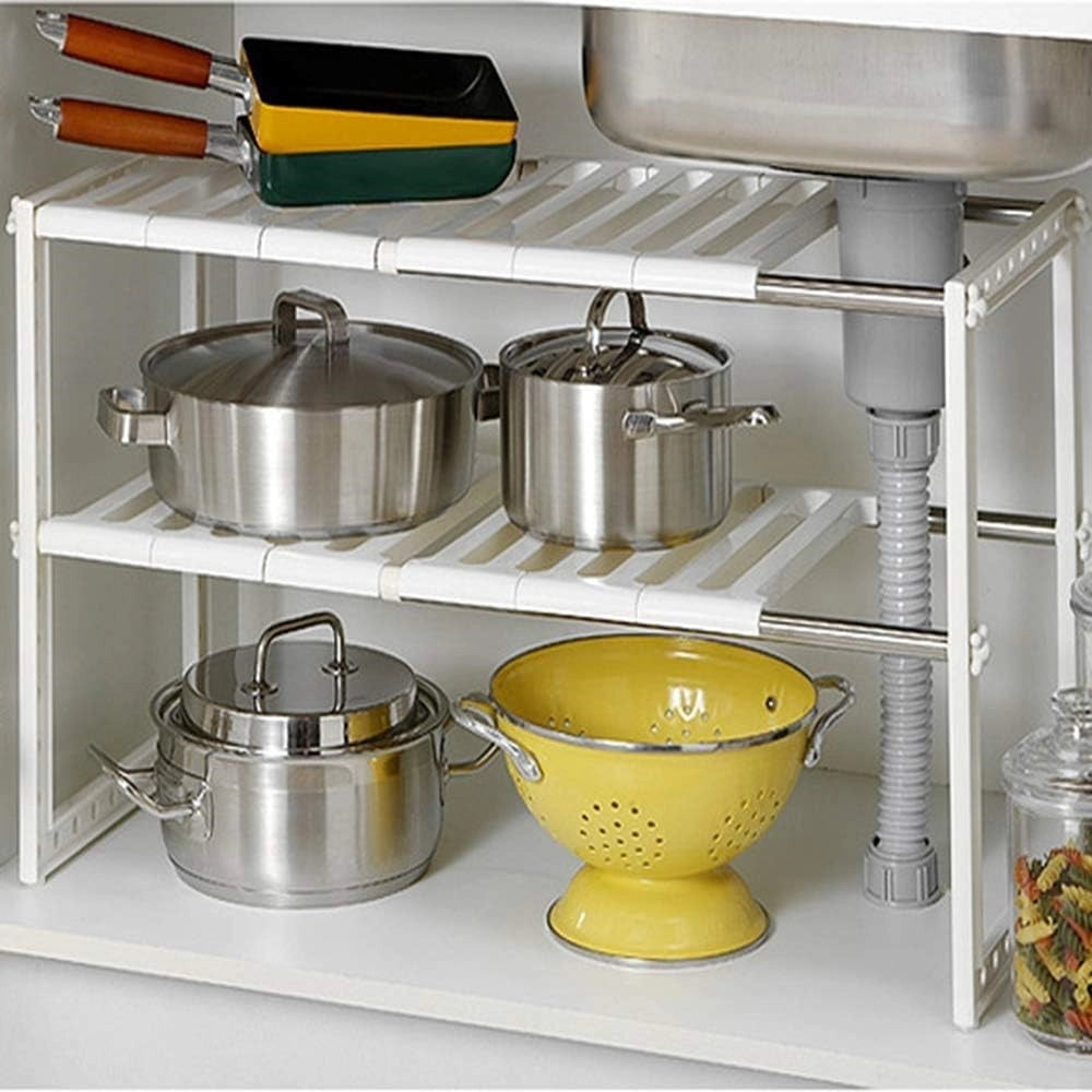 Trade Shop - Scaffale Stoviglie Estensibile 50-70cm Organizer Sottolavello Portaoggetti Mensola 2 Piani -