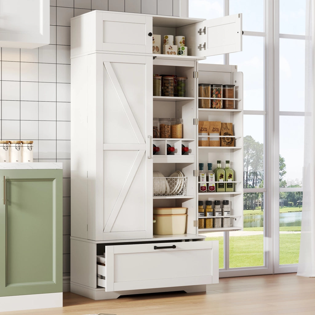 Dispensa alta con ripiani regolabili, 1 cassetto, 7 vani per bottiglie, per cucina e soggiorno, bianco 80 × 40 × 180 cm