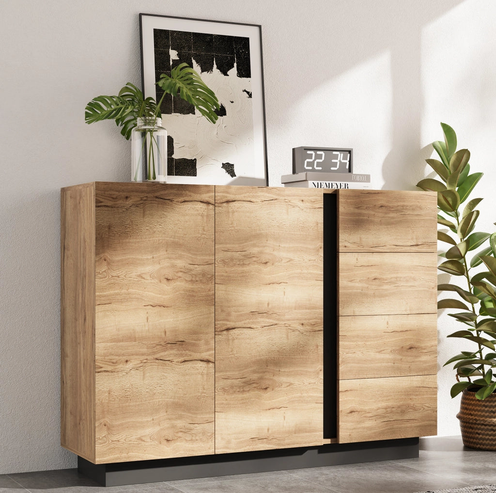 Credenza con quattro cassetti, due ante e finitura naturale e nera