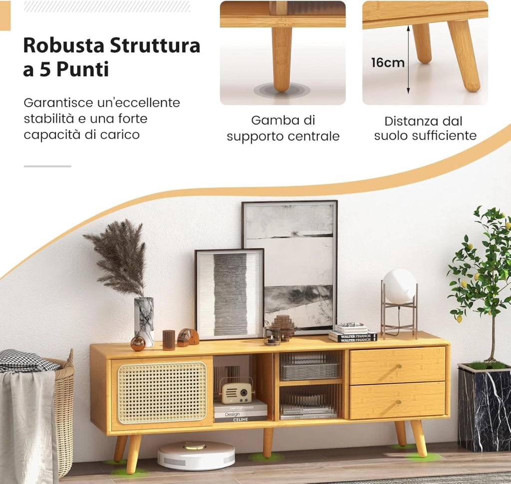 Mobile TV per TV fino a 65 Pollici, Mobile da Salotto in Vetro e Rattan PE con 2 Cassetti, Porte Scorrevoli e Gambe, Mobile TV per Soggiorno e Camera da Letto