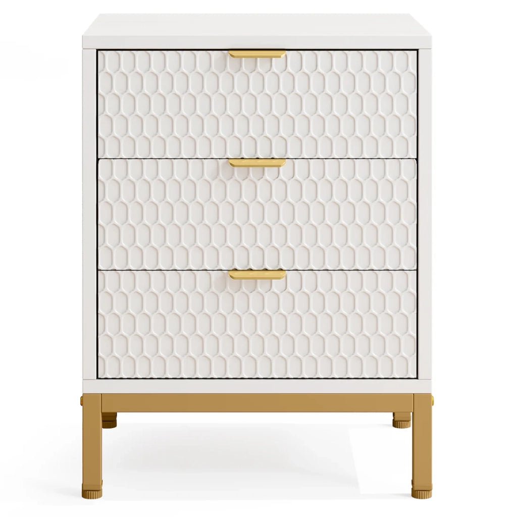 Comodino moderno con 3 cassetti, finitura bianco e oro