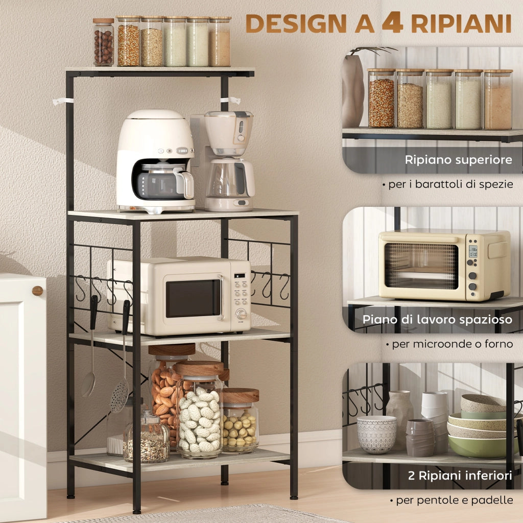 Scaffale Cucina a 4 Livelli con Pannelli a Rete e 8 Ganci Stile Industriale, 60x42x134.5 cm, Rovere