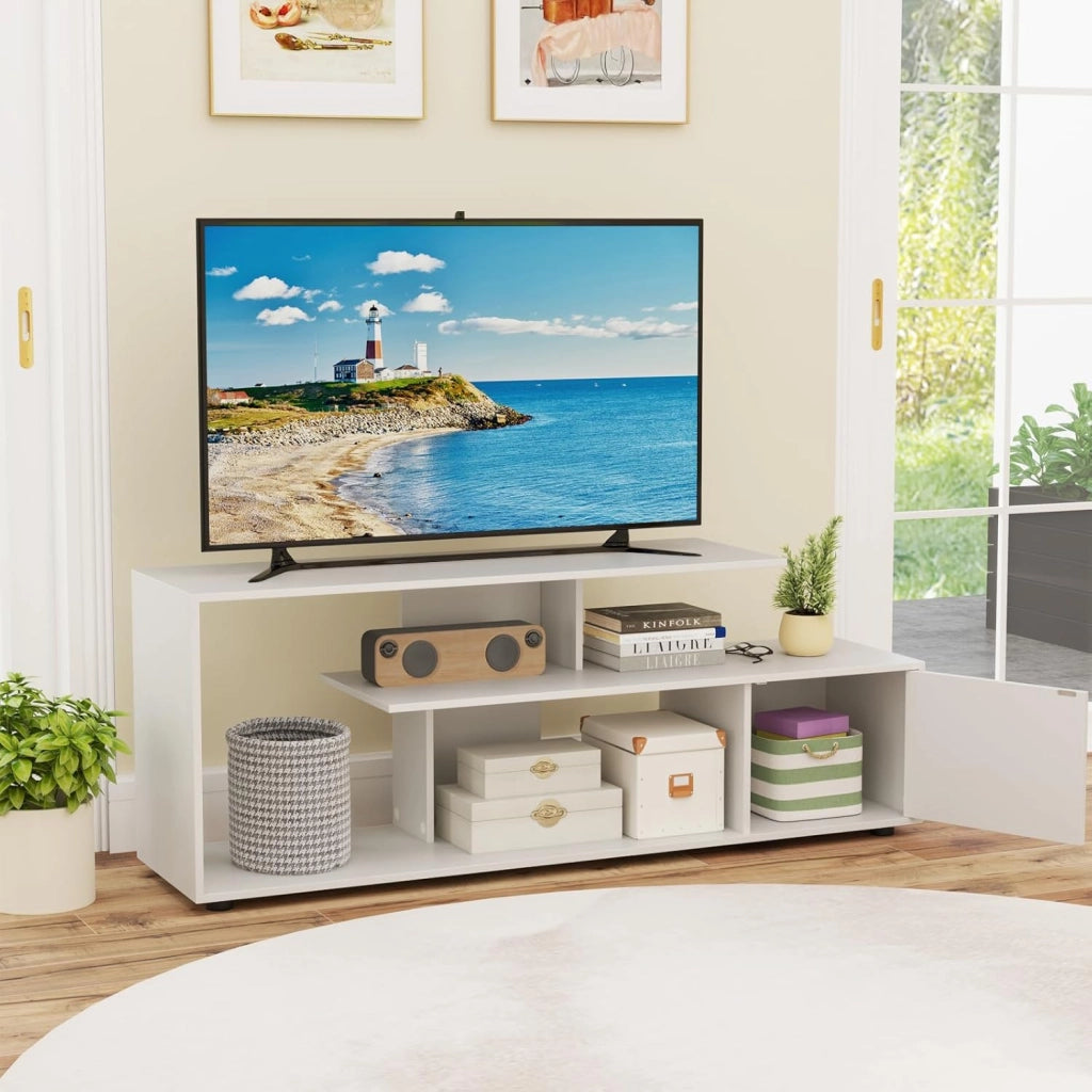 Mobile Porta TV, per TV Fino a 55'', Console Media a 3 Ripiani Asimmetrici con Ripiani di Stoccaggio e Armadietto, Mobile TV con Cassetto, 5 Gambe di Supporto (Bianco)