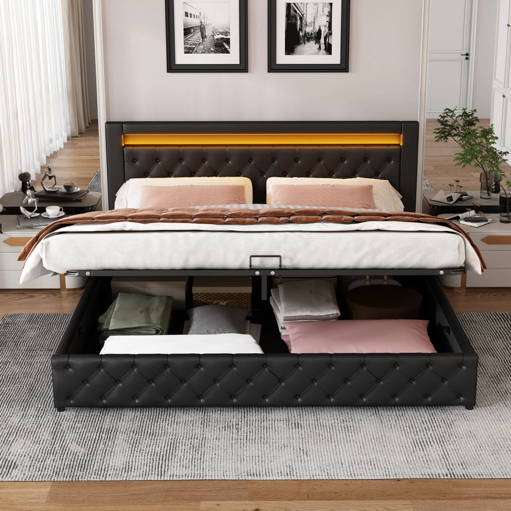 OKWISH Letto Contenitore 140×190 cm, Letto Matrimoniale con Contenitore Idraulico, LED Regolabile e Testiera, senza Materasso, in PU, Nero