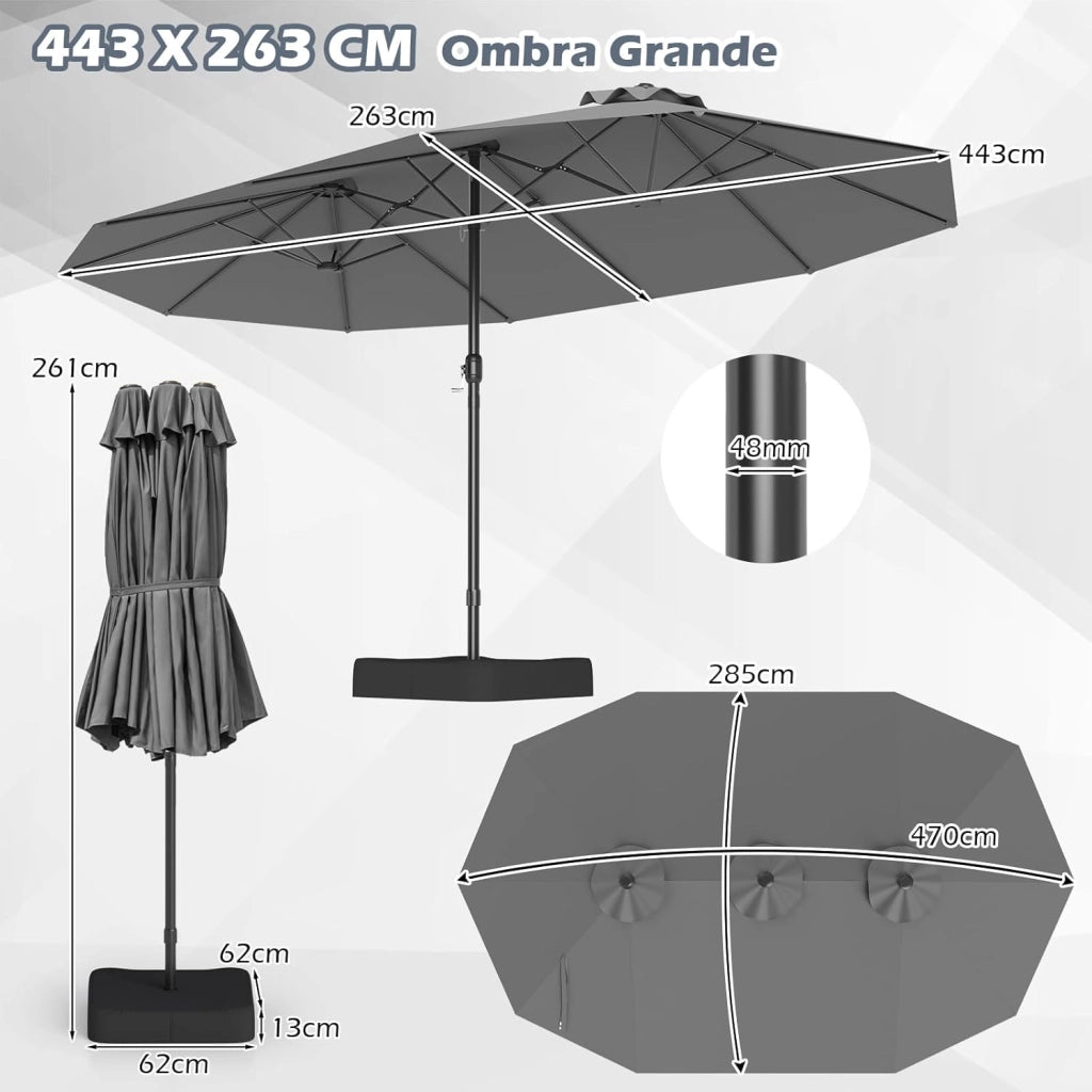 Ombrellone Doppio da Giardino 443 x 263 cm, Ombrello Rettangolare con Sistema a Manovella, Ombrellone da Giardino con Base e 12 Costole, per Sabbia, Cortile (Grigio)