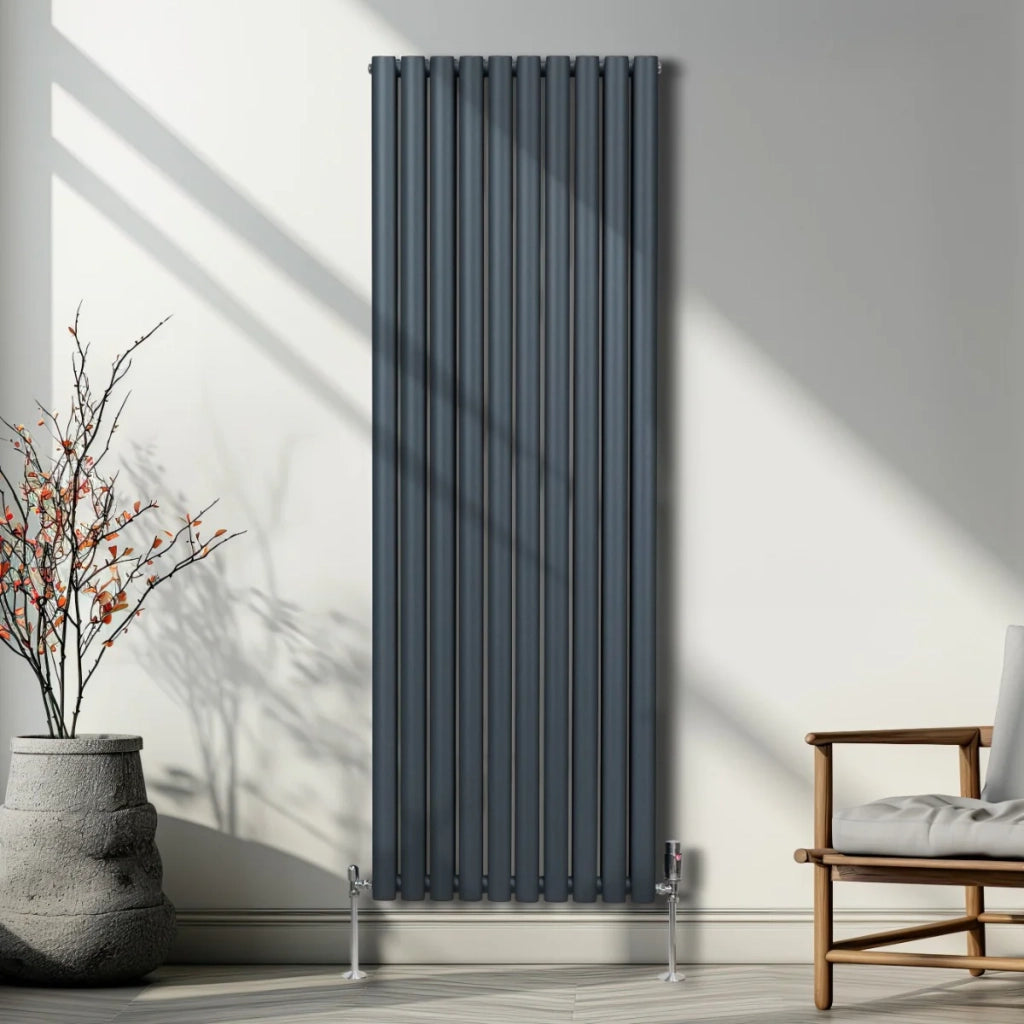 Radiatore a colonna ovale e valvole cromate TRV Designer grigio antracite 1800mm x 600mm