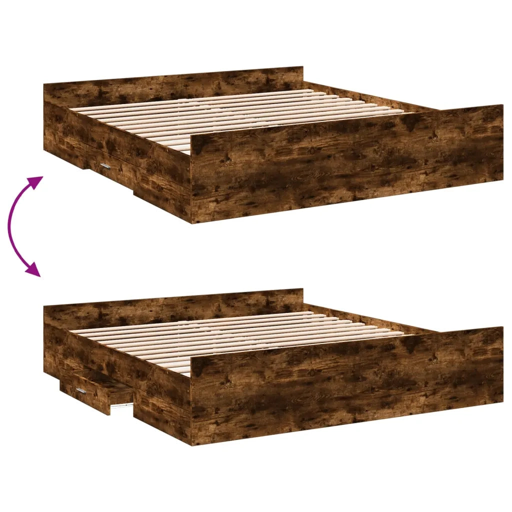Letto matrimoniale | Letto per adulti | Giroletto con Cassetti Rovere Fumo 200x200 cm Legno Multistrato