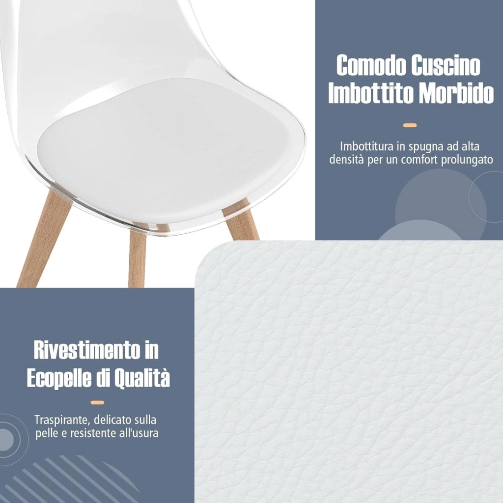 Set di 4 Sedie da Cucina Trasparenti, Sedie per Sala da Pranzo Moderne con Gambe in Legno e Seduta Imbottita, Sgabello senza Braccioli per Soggiorno e Camera da Letto, Portata 150 kg (Bianco)