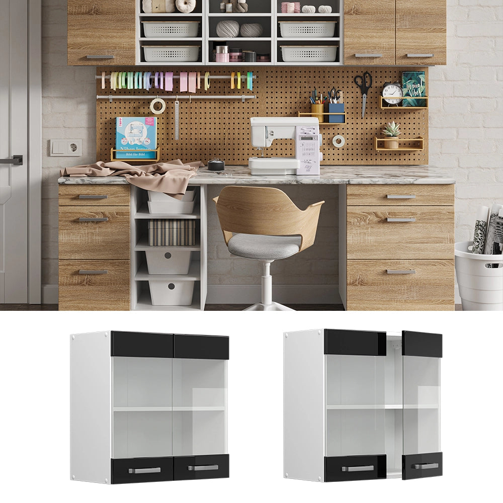 Vicco Pensile universale Nero lucido 60 cm con ante in vetro