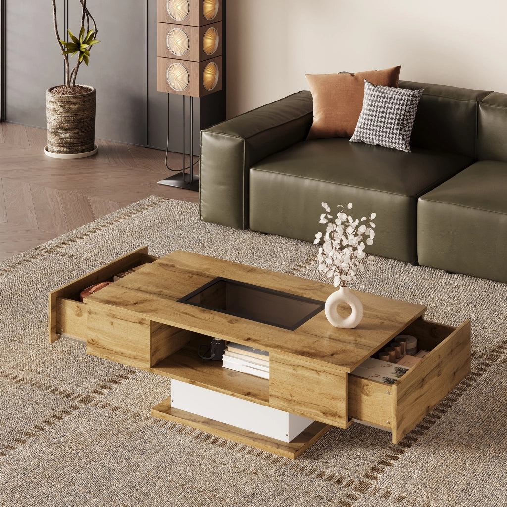 Tavolino da Caffè con 2 Cassetti e LED Regolabile; Piano in Vetro; Stile Moderno; in Pannello di Particelle; 110;2×60×39;7 cm; Naturale