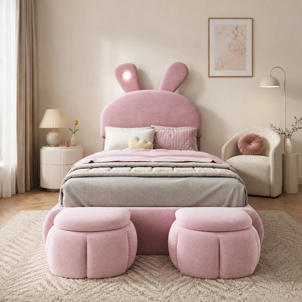 Letto singolo imbottito rosa con LED e 2 pouf, 90x200 cm