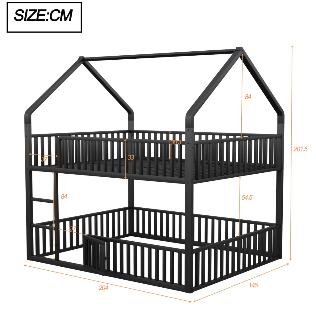 Letto a castello in metallo 140x200 cm con scala frontale; struttura a casetta; nero