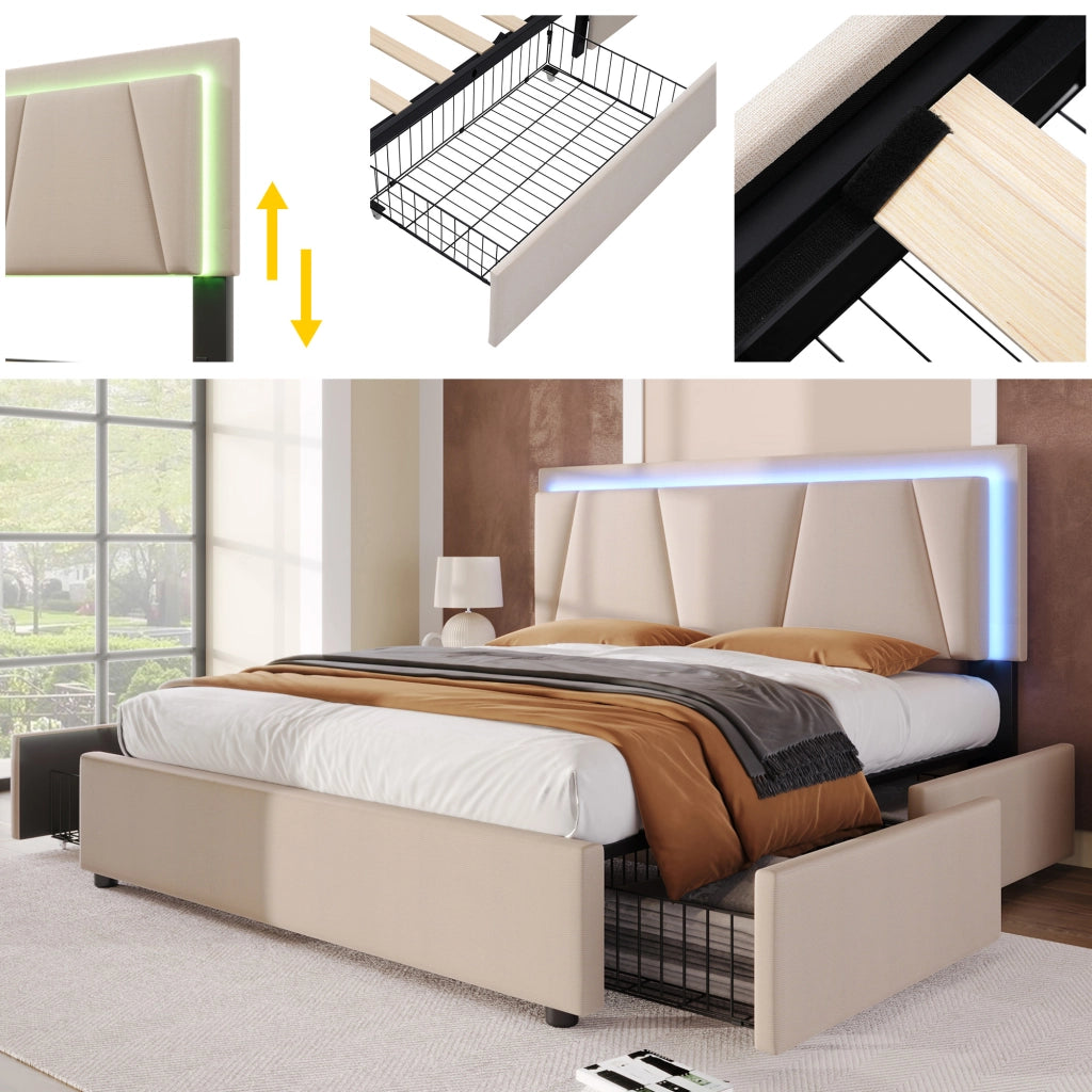 OKWISH Letto con Cassetti 140×200 cm, Letto Matrimoniale con 4 Cassetti, Testiera Regolabile e LED, senza Materasso, Beige