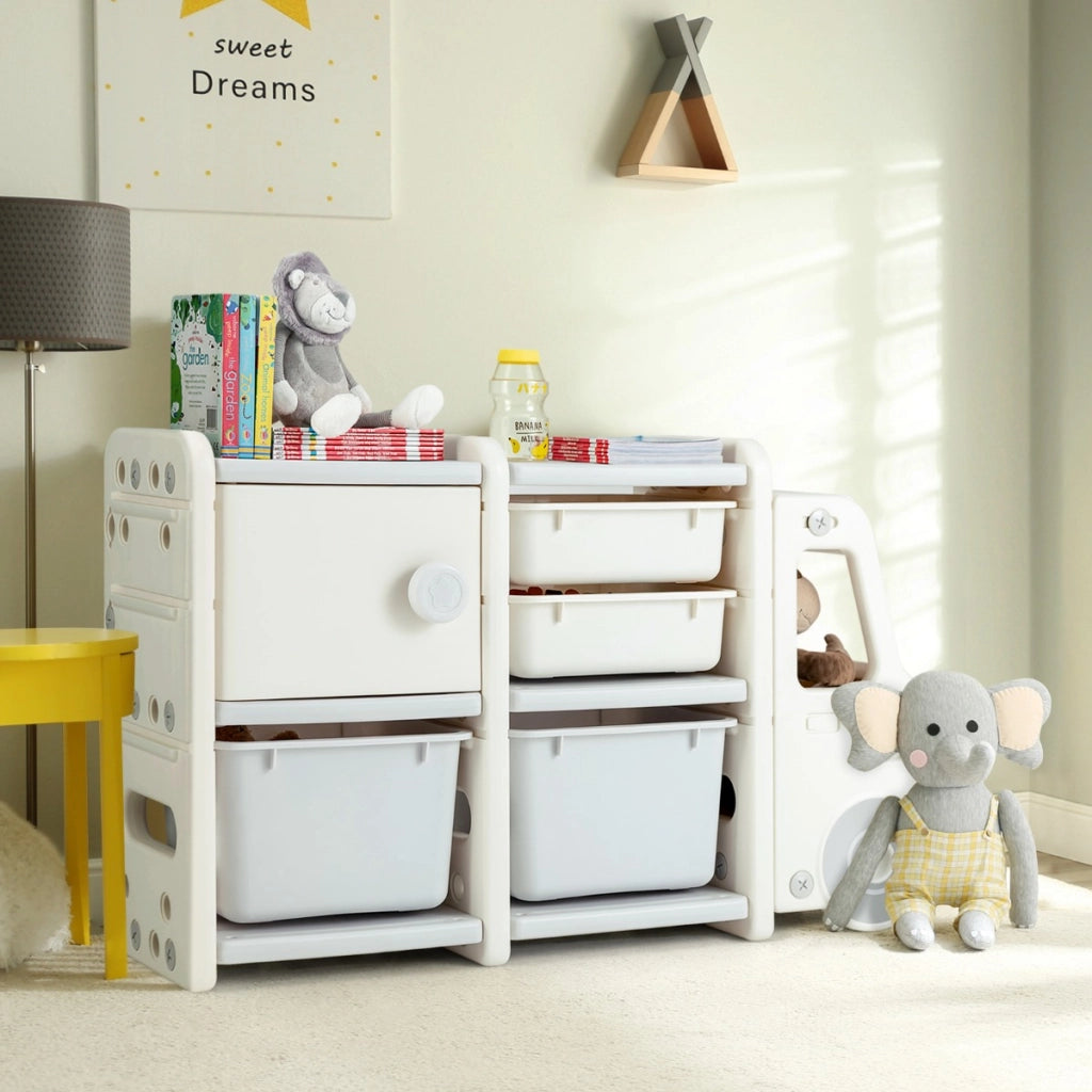 Organizer per giocattoli con scatole 2 livelli per bambini-Scaffale multilivello in HDPE a forma di camion Beige
