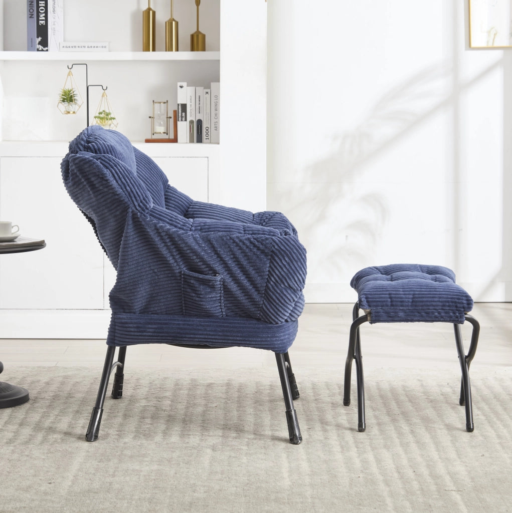 Poltrona relax con poggiapiedi e tasca laterale in acciaio blu navy