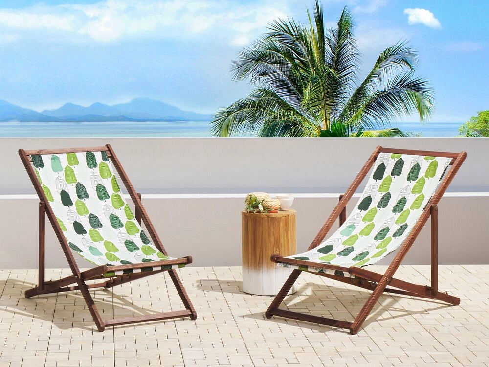 Set di 2 sedie a sdraio da giardino con struttura in legno di acacia scuro con motivo floreale in tessuto amaca sedile reclinabile