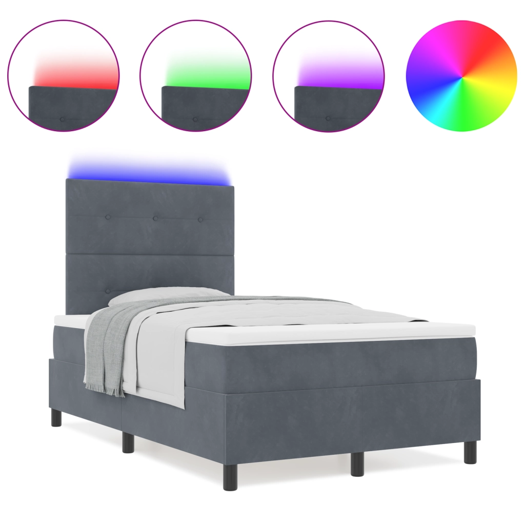 Letto Box Spring con Materasso e LED Grigio Scuro 120x190 cm in Velluto