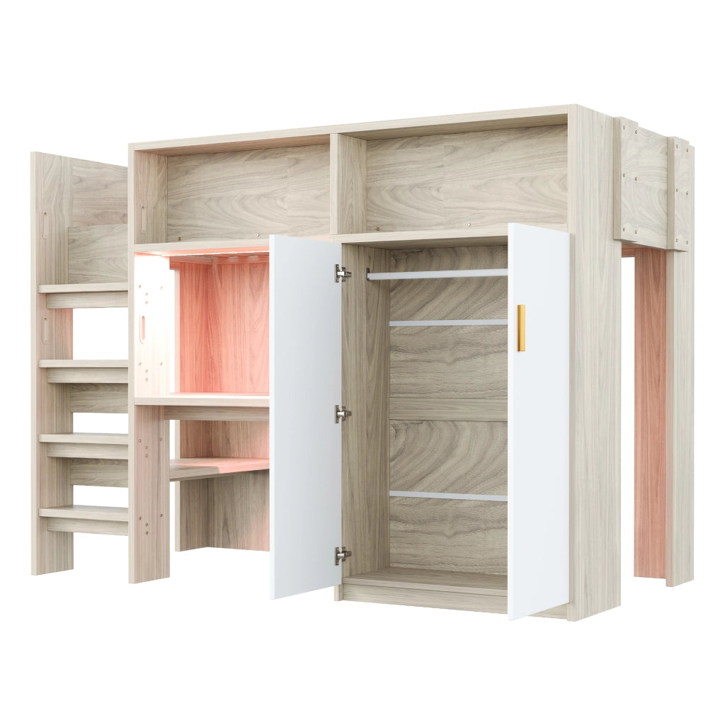 Letto a soppalco matrimoniale 90×200 cm con scrivania; armadio; ripiani e LED; rete inclusa; senza materasso