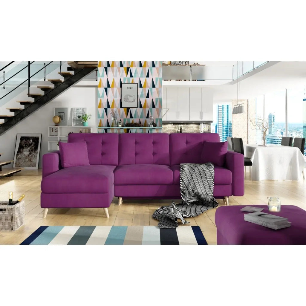 Divano angolare trasformabile HASGARD 3 posti viola 248x162 cm - con contenitore e piedi in legno
