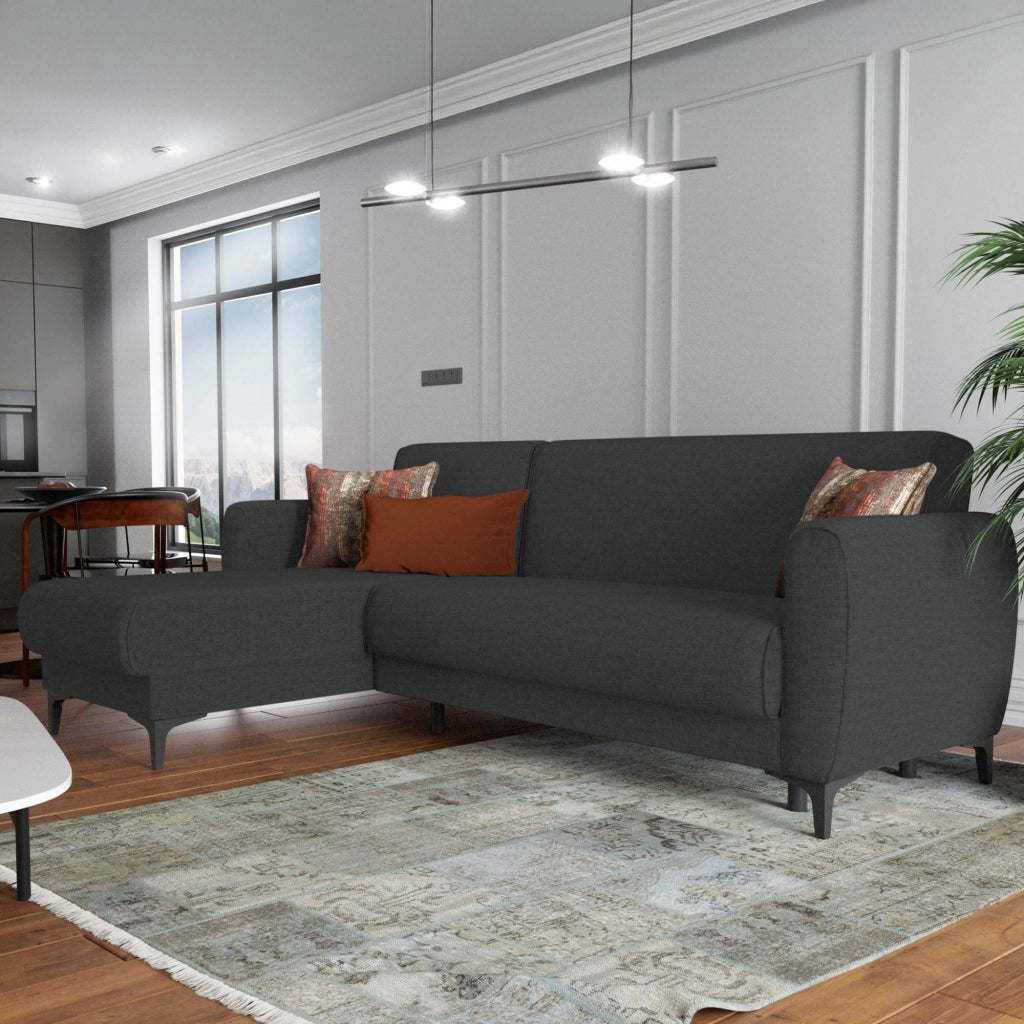 Divano letto Aber, Divano letto ad angolo con penisola reversibile, SofÒ  contenitore moderno con chaiselongue e 3 cuscini, Cm 230x153h85, Antracite