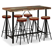 Set da Bar 7 pz in Legno Massello di Recupero Vera Pelle e Tela cod mxl 23680