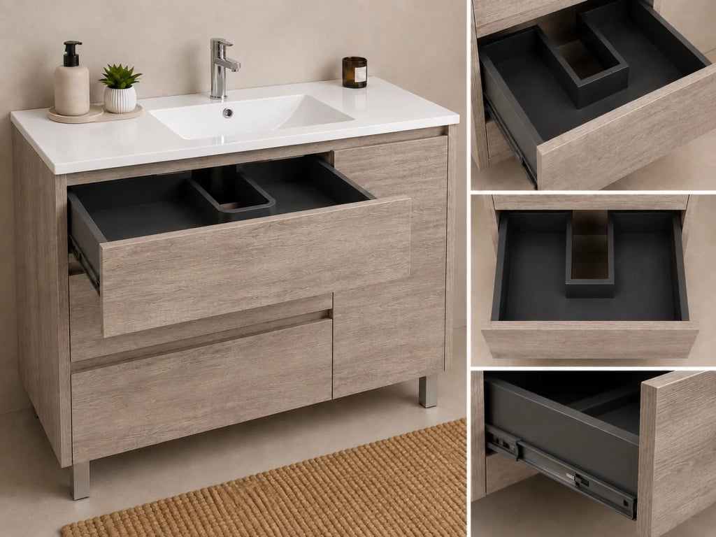 Set mobile bagno VOLUM 100x40 cm Estepa con lavabo, specchio LED, colonna 140 cm e rubinetto