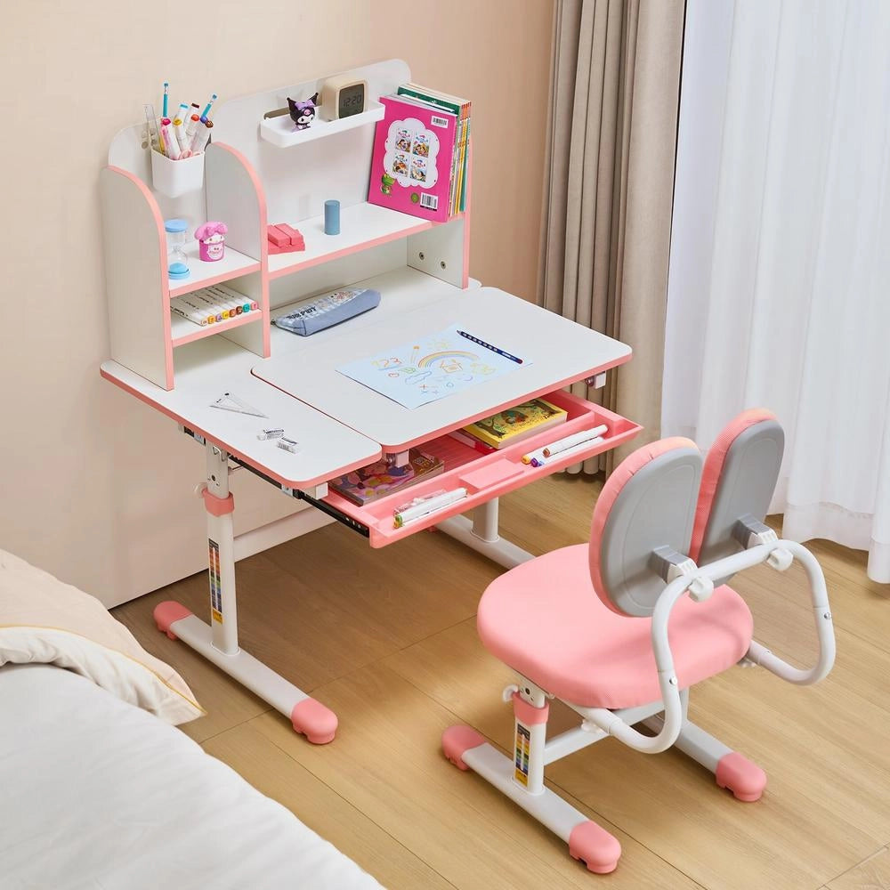 Scrivania Sedia Studio Bambini Libreria Cassetto Inclinabile 0-40 Gradi Altezza Regolabile Rosa
