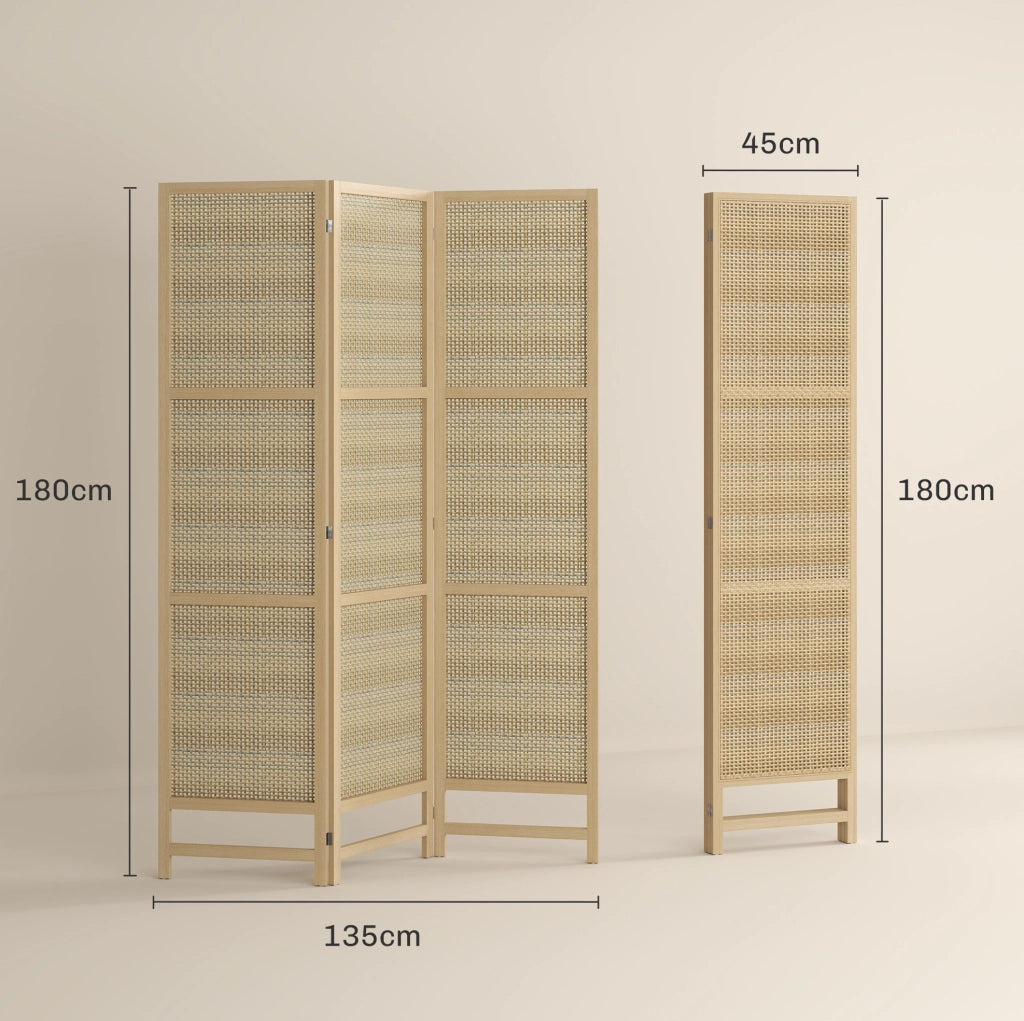Paravento pieghevole a 3 pannelli in rattan 135 x 180 cm