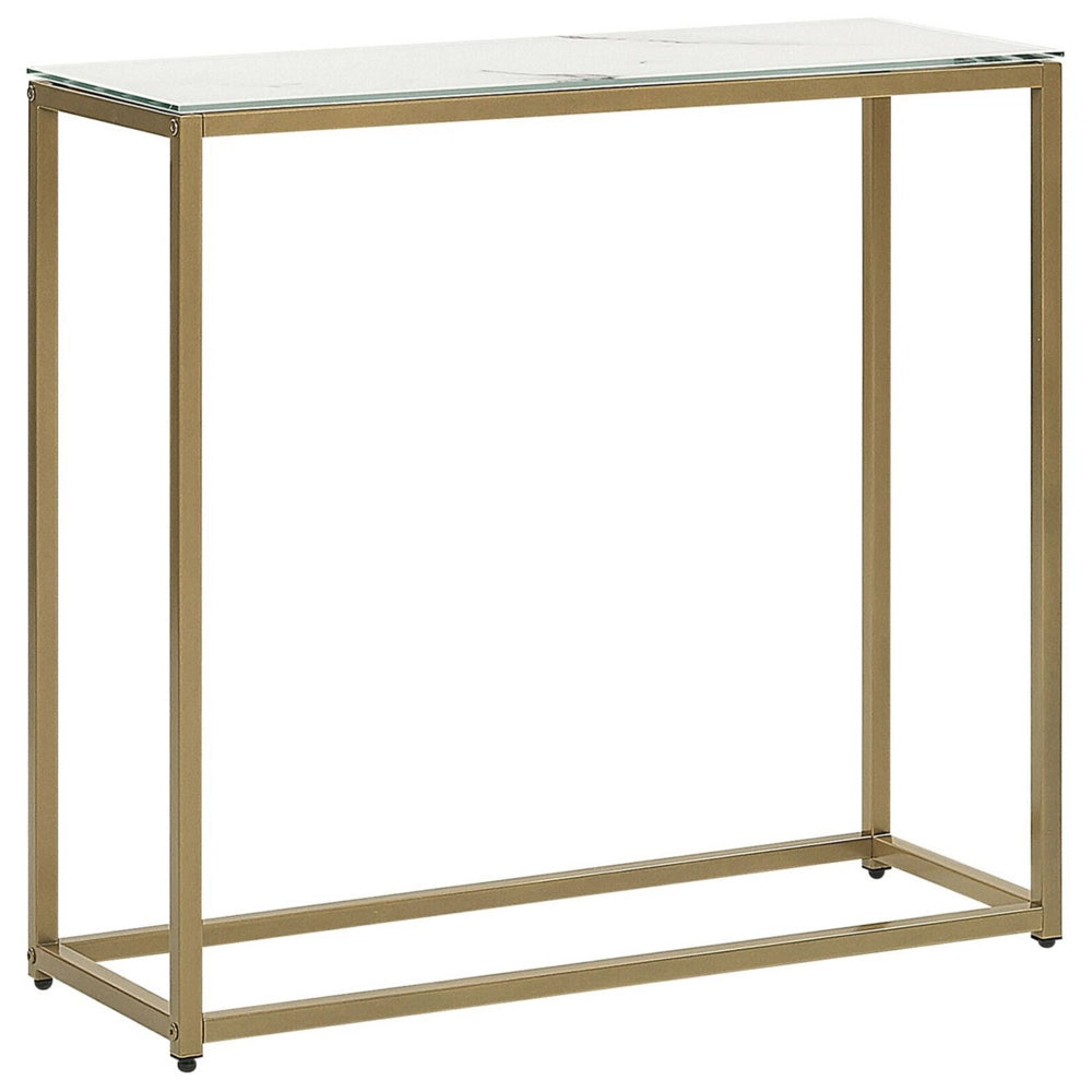 Consolle Effetto Marmo Bianco Piano In Vetro Temperato Base In Metallo dorato Glam Moderno Soggiorno Camera Da Letto Corridoio