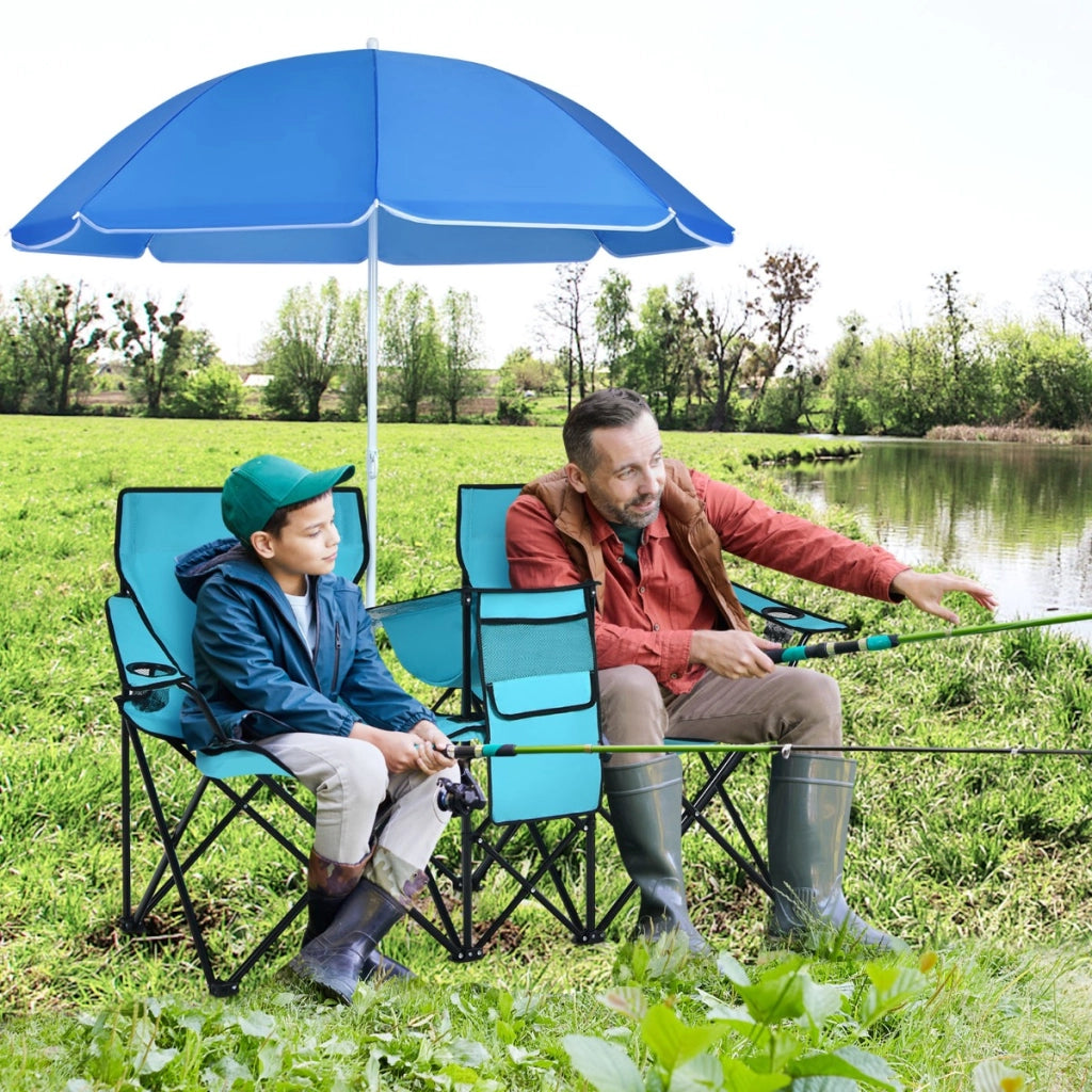 Sedia da picnic in acciaio portatile e pieghevole-Sedia da esterno con ombrellone mini tavolo porta bevande Azzurro