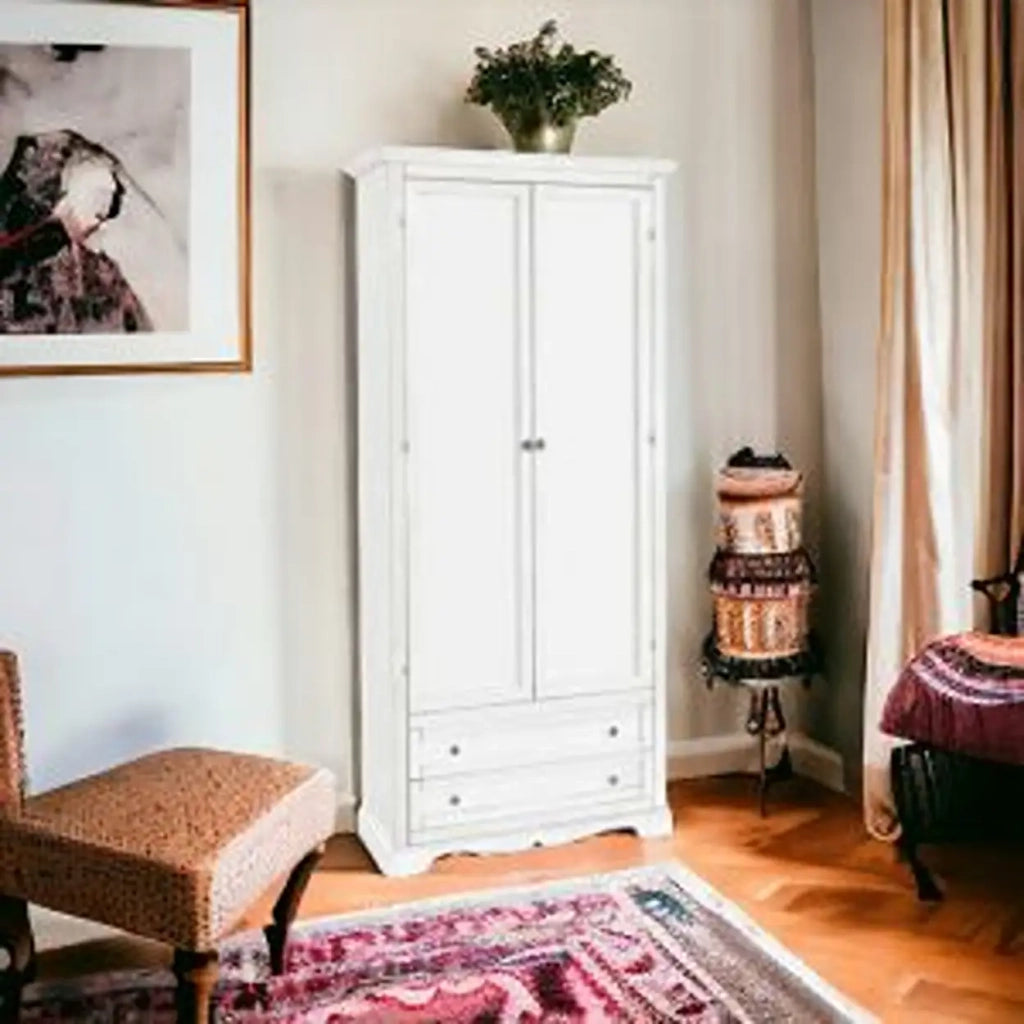 Armadio porta scope in legno arte povera Shabby chic bianco con 2 cassetti