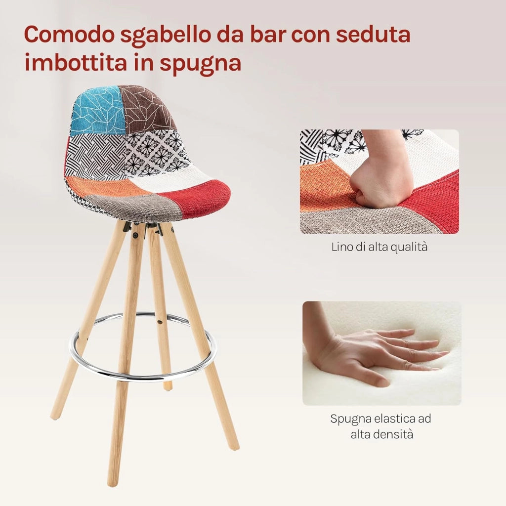Sgabelli Bar Set di 2, Sedia Alta con Schienale e Poggiapiedi per Isola Cucina, Pub, Sala da Pranzo, in Gambe Legno, Lino, Patchwork