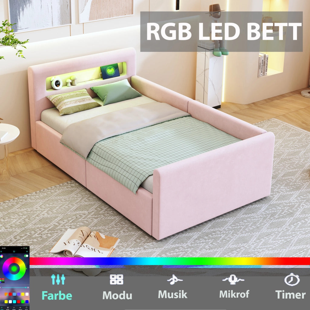 Letto imbottito per bambini 90x200 cm con LED; USB; contenitore idraulico; velluto rosa