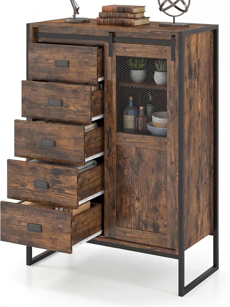 Credenza Cucina Salvaspazio, Mobiletto in Legno con Anta Scorrevole, 5 Cassetti e Ripiani Regolabili a 3 Livelli, Armadietto Portaoggetti per Sala da Pranzo, 84 X 40 X 120 CM (Naturale)