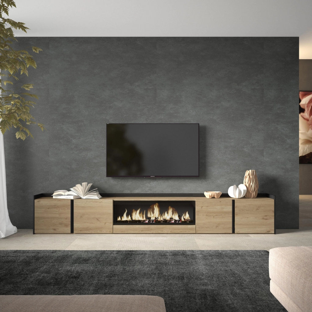 Mobile TV Soggiorno, 315x50x35 cm, Per TV fino a 80", Camino elettrico XXL, Rovere e nero