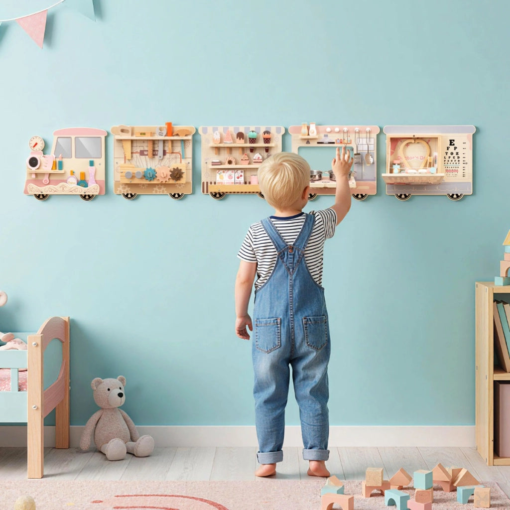 Pannello sensoriale in legno per bambini busy board 5 in 1 con vanity, Pannello giocattolo montessori per sala giochi-Giocattoli educativi