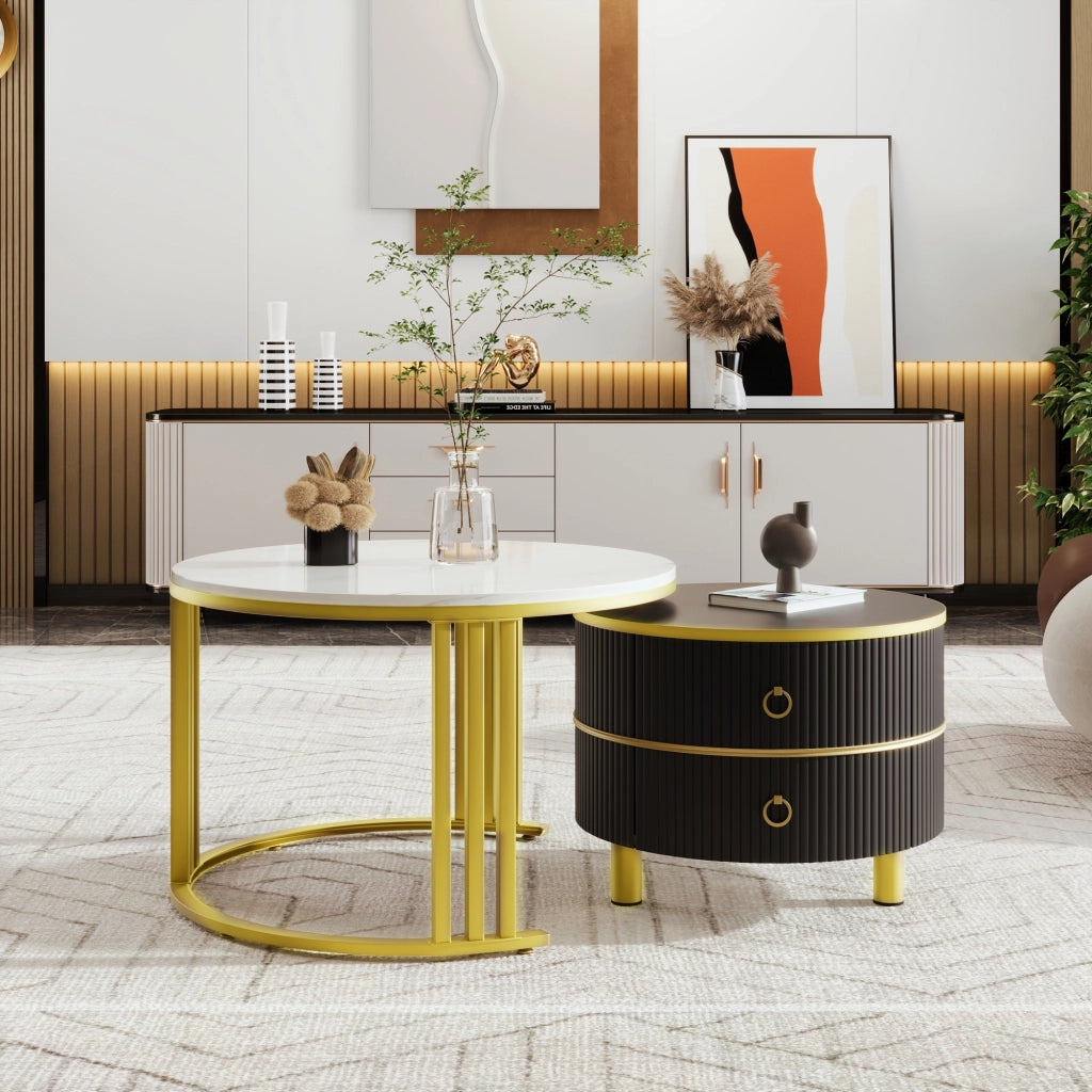 Tavolini da caffè rotondi 70x70x46 cm e 50x50x40 cm; piano lucido con effetto marmo; MDF nero