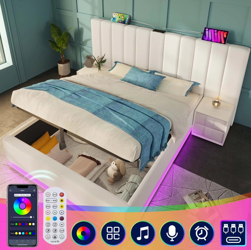 Letto contenitore 160x200 cm in PU bianco con LED, app e USB-C, senza materasso