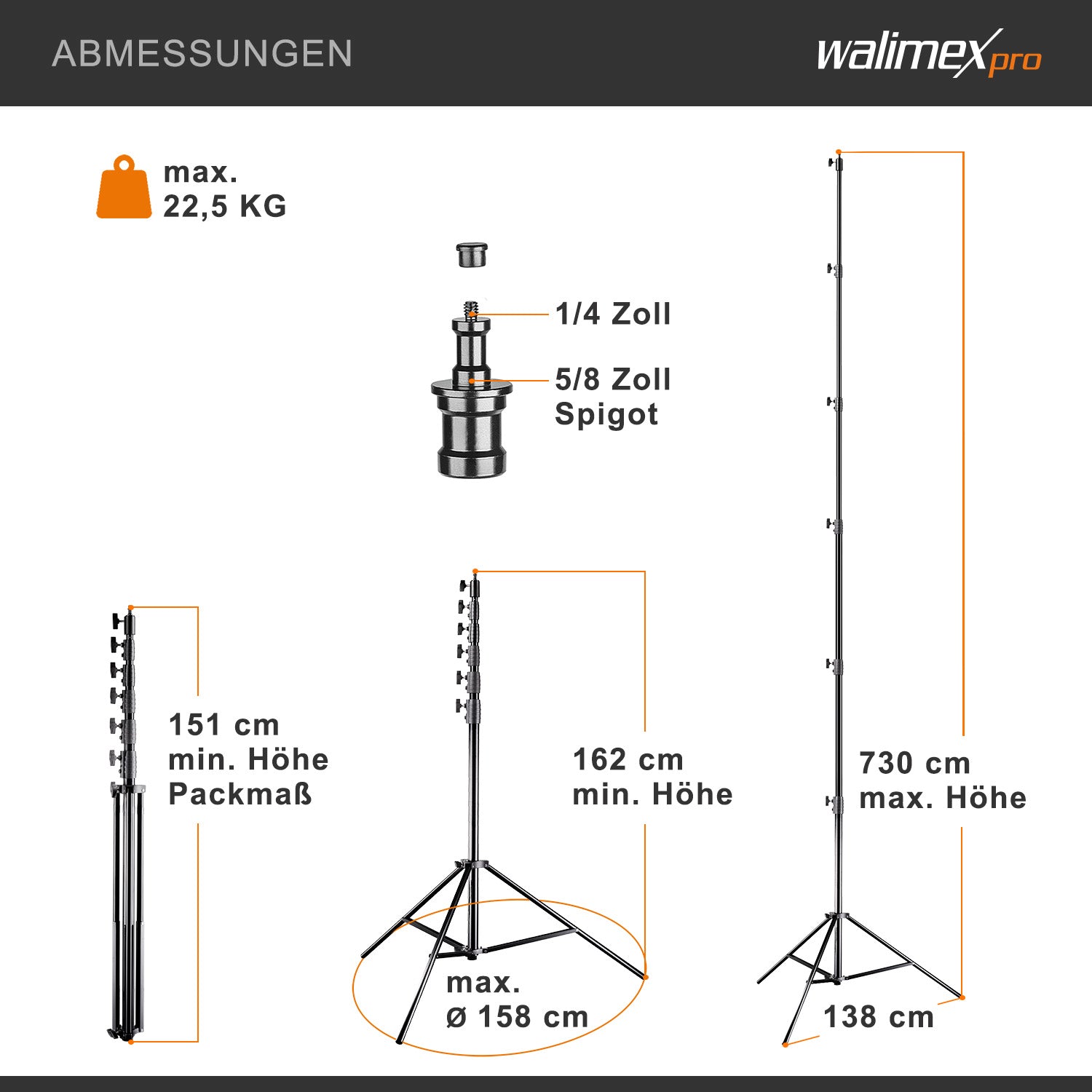 AIR Jumbo 730 Stativo per luci max 22,5 kg Cavalletto fotografico con altezza fino a 730 cm, in alluminio, Treppiedi con attacco per apparecchiature foto e video