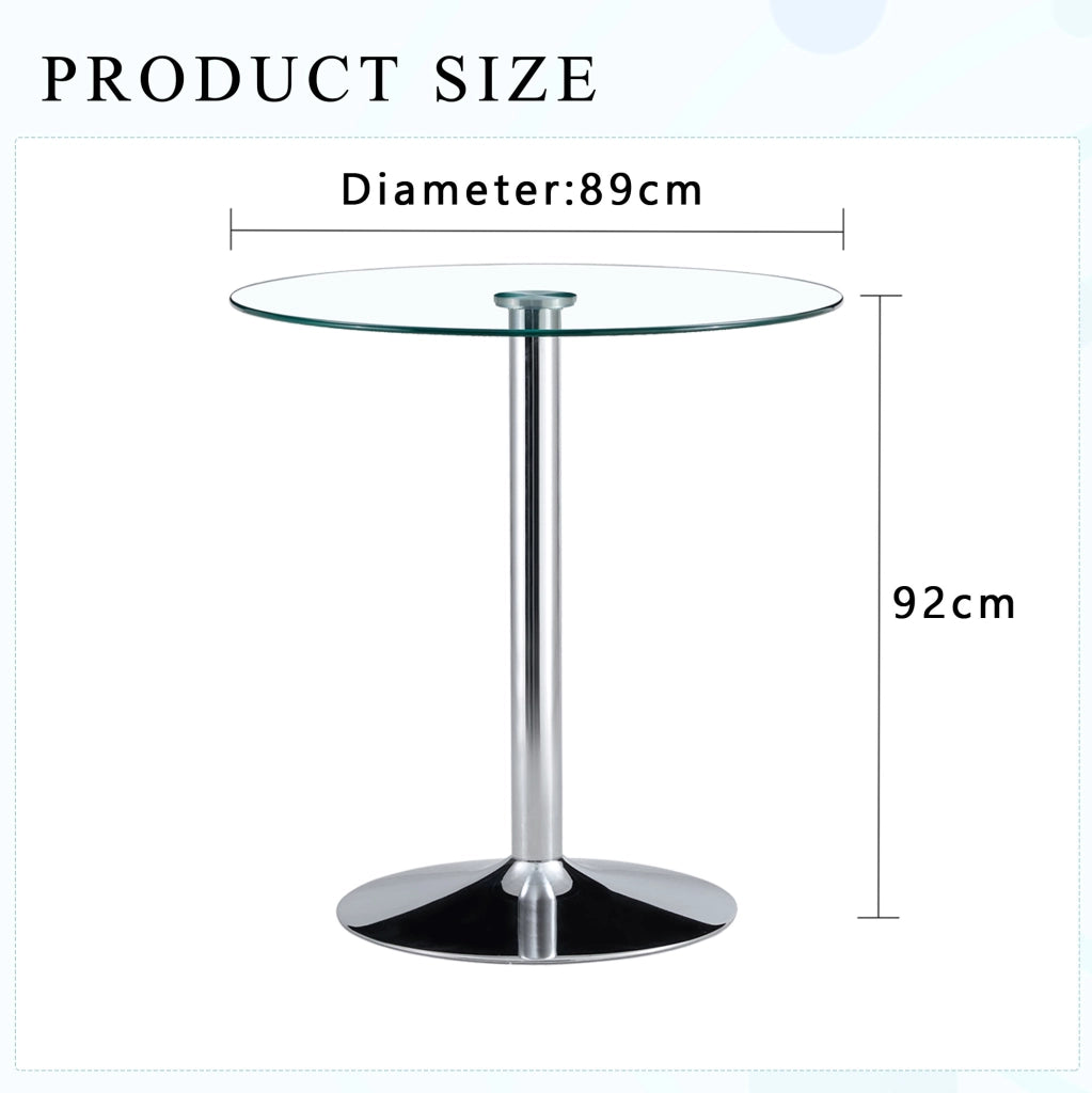 Tavolo bar rotondo in vetro trasparente e metallo argento 89 cm