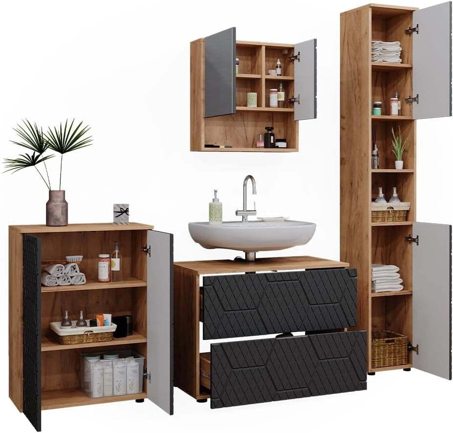 set mobili bagno Irma, Quercia dorata/Antracite, 4 pezzi, con cassettiera e mobile midi