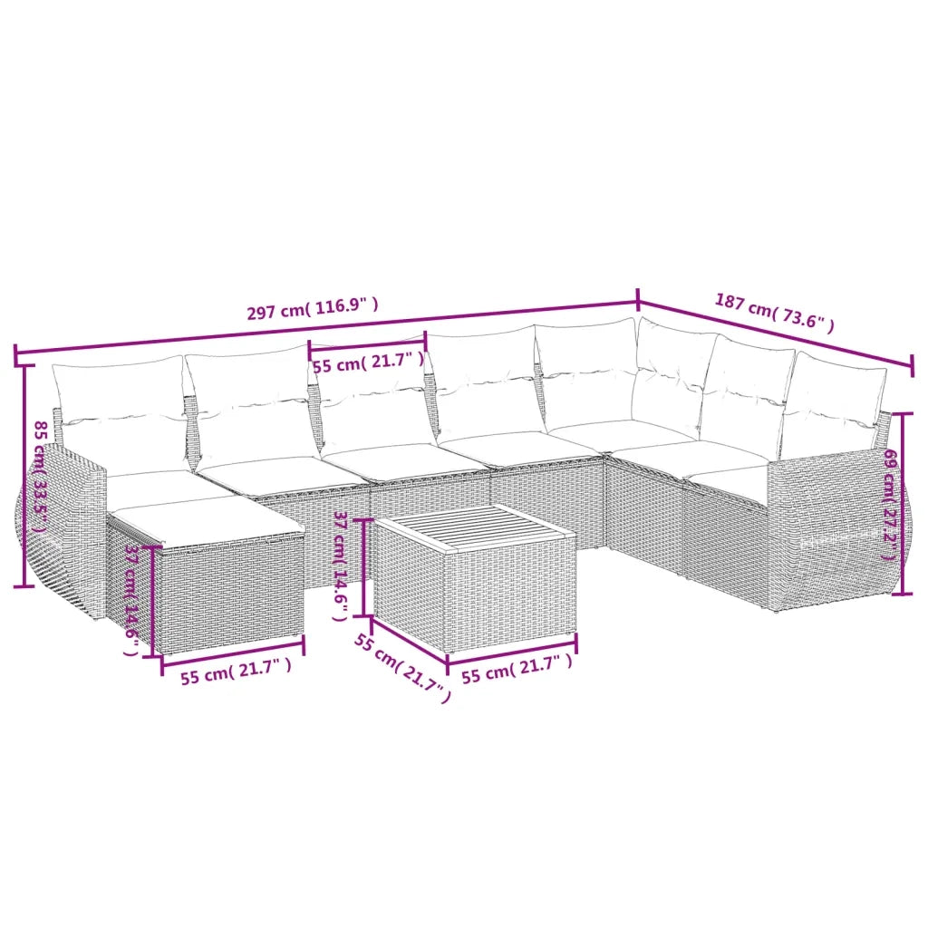 Set Divani da Giardino 9 pz con Cuscini Nero in Polyrattan 3225139