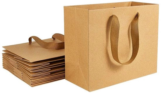 Borse di Carta 10 pezzi - Borse in Pelle di Cuoio - Borse di Regalo - Ambientali - Maniglie Resistenti - 22 x 18 x 10 cm