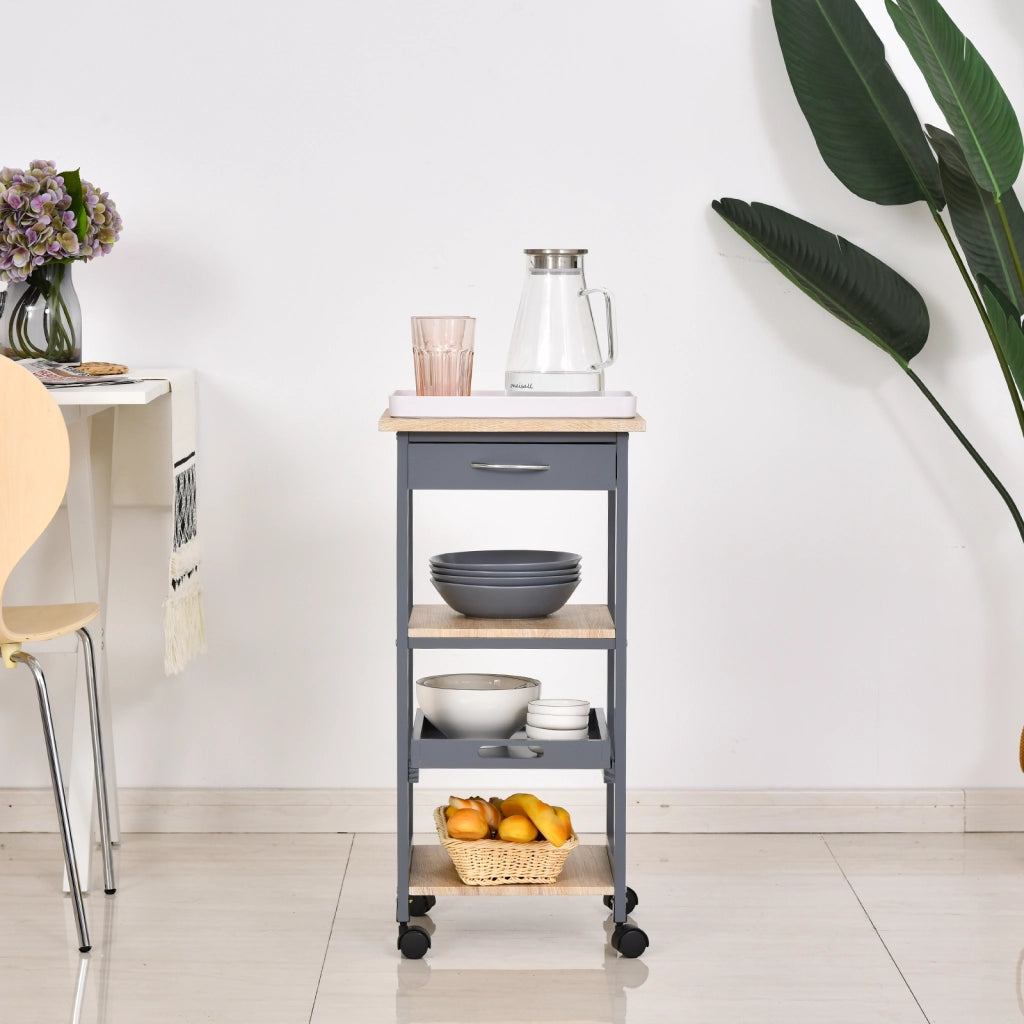 Carrello da Cucina Portavivande con Cassetto, 2 Ripiani e Vassoio Estraibile, 37x37x76cm, Grigio